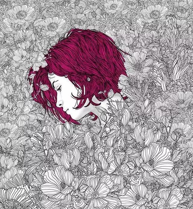 插画丨他把手绘线描画活了,女神们在花丛中优雅重生