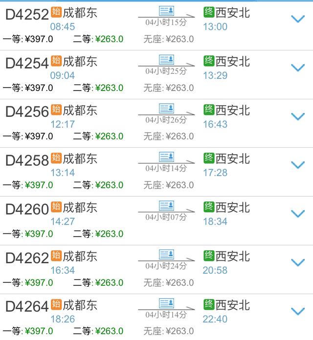 成都东到西安北也有7组车次 最早发车时间是8:45分 全程最短仅需4小时