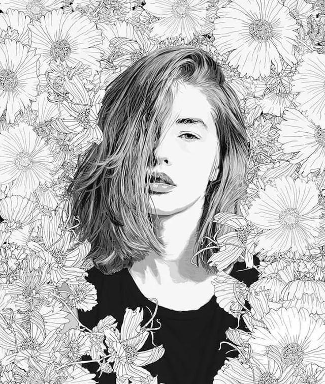 插画丨他把手绘线描画活了,女神们在花丛中优雅重生