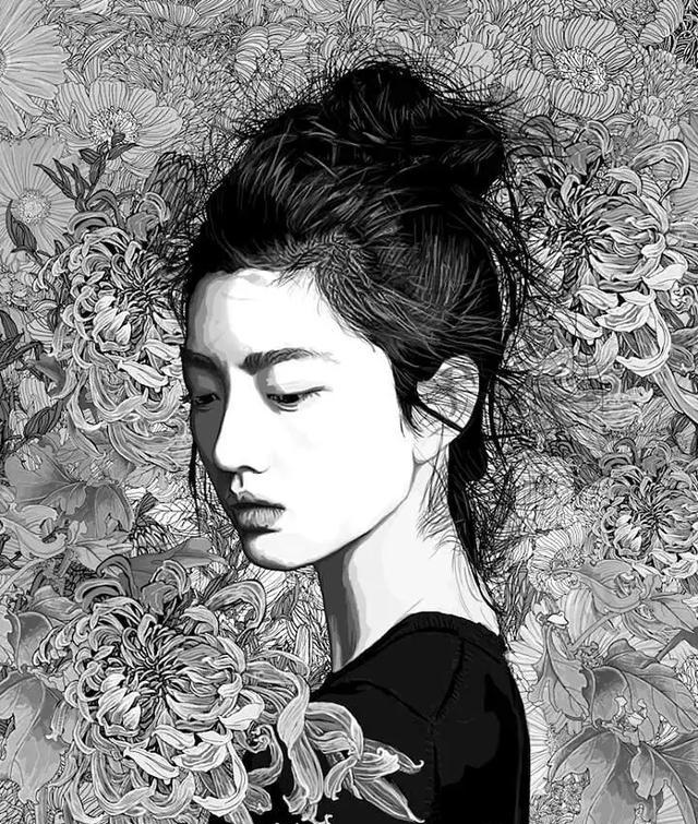 插画丨他把手绘线描画活了,女神们在花丛中优雅重生