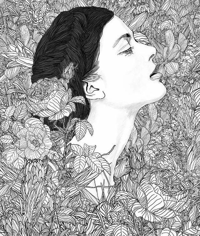 插画丨他把手绘线描画活了,女神们在花丛中优雅重生