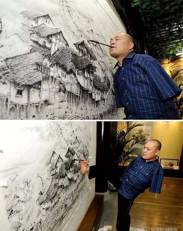 黄国富因为触电在4岁失去手臂,后来他依然成为了画家