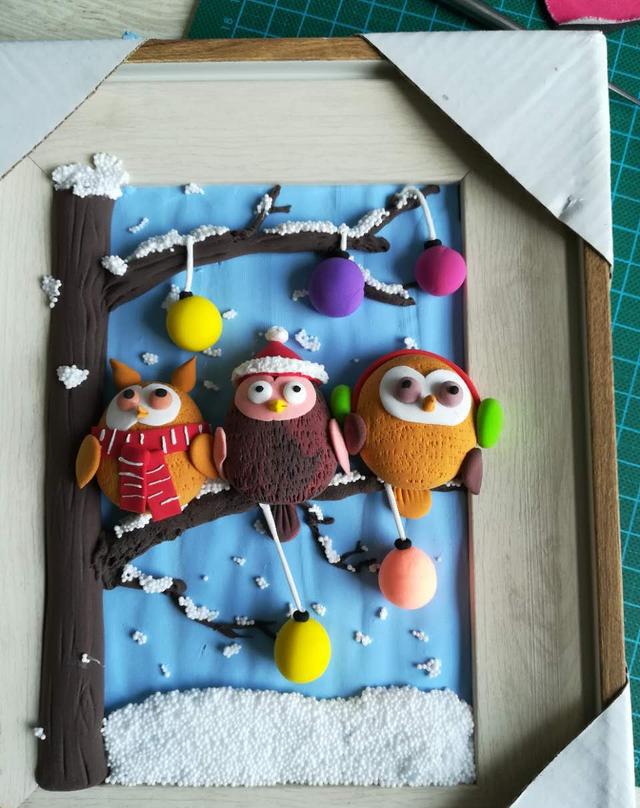 超轻粘土画作品--猫头鹰