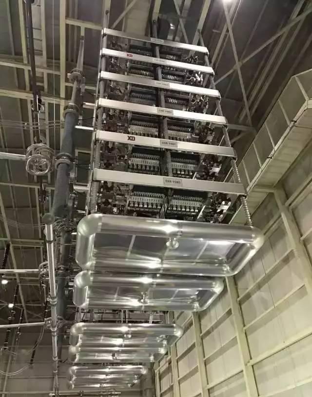 (阀厅内的换流阀) 虽然是两种设备,我们是把他们看作一体的,他们相当于换流站的心脏,主要作用就是把直流电变成交流电 直流电变交流电,说起来只有7个字,可是你知道有多复杂吗? 我举个栗子,一个阀厅里有2个换流阀,1个换流阀有3个阀塔,1个阀塔有4个单阀,1个单阀有3个阀组,1个阀组有2个阀段,1个阀段有13个晶闸管 此刻我知道你的内心是崩溃的,因为我当时学这个东西的时候也是崩溃的