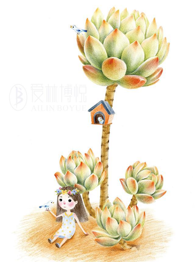 彩铅绘制美少女和多肉结合的唯美插画,将是一种什么样