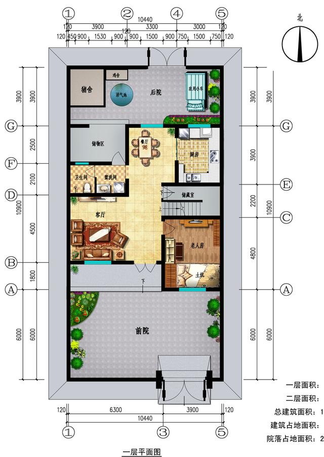 平面布局图:一层后院有猪舍,鸡舍,沼气池,农用小车位,前院是绿化区