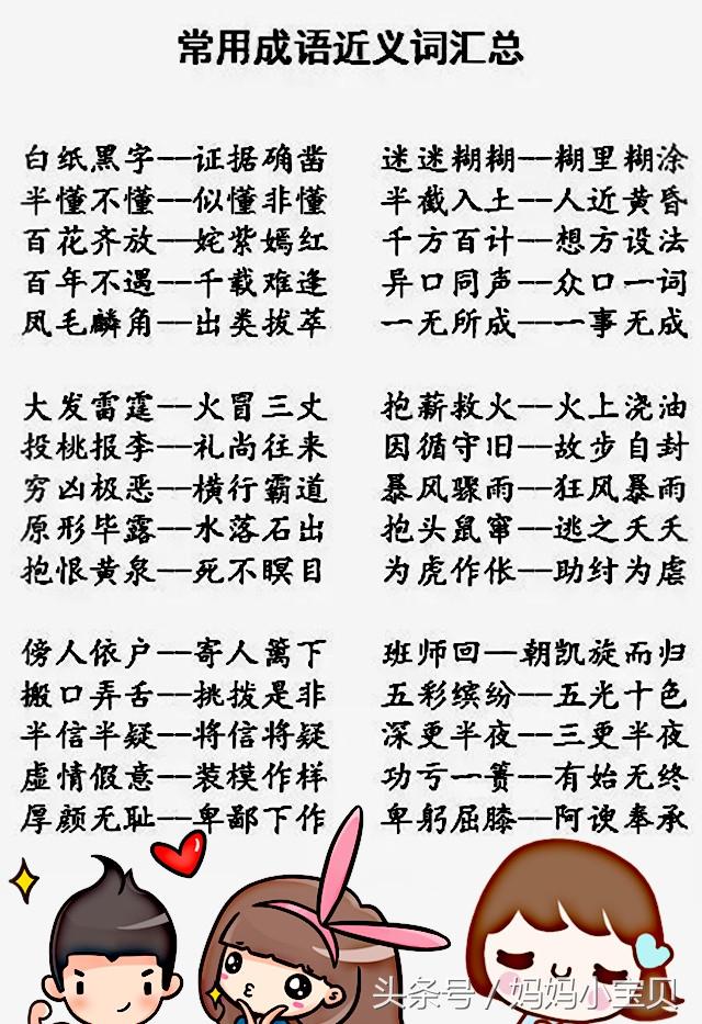 小学很齐全的常用常考成语近义词反义词,爸爸