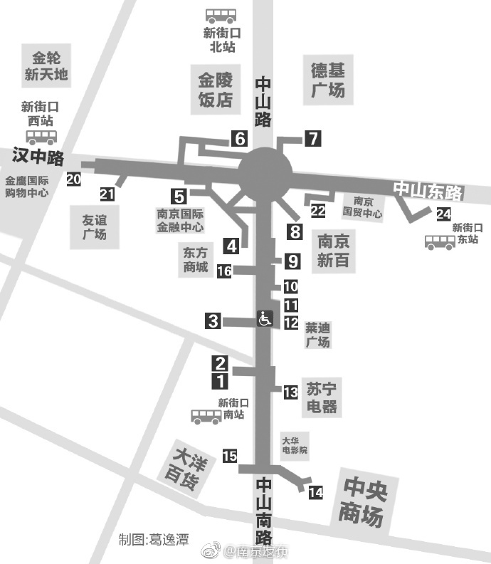 换乘信息,厕所分布,公交卡服务站点,畅游南京攻略,新街口站防迷路简图