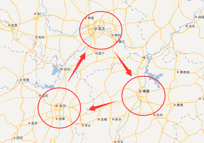 武汉,长沙,南昌都是中国东南部的大型城市,而且距离特别近.