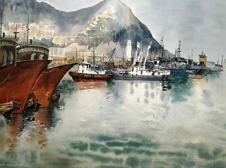 冯自强水彩画作品:连云港之晨