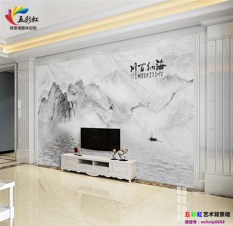 4,新中式电视背景墙搭配石材家居装饰整体设计效果图