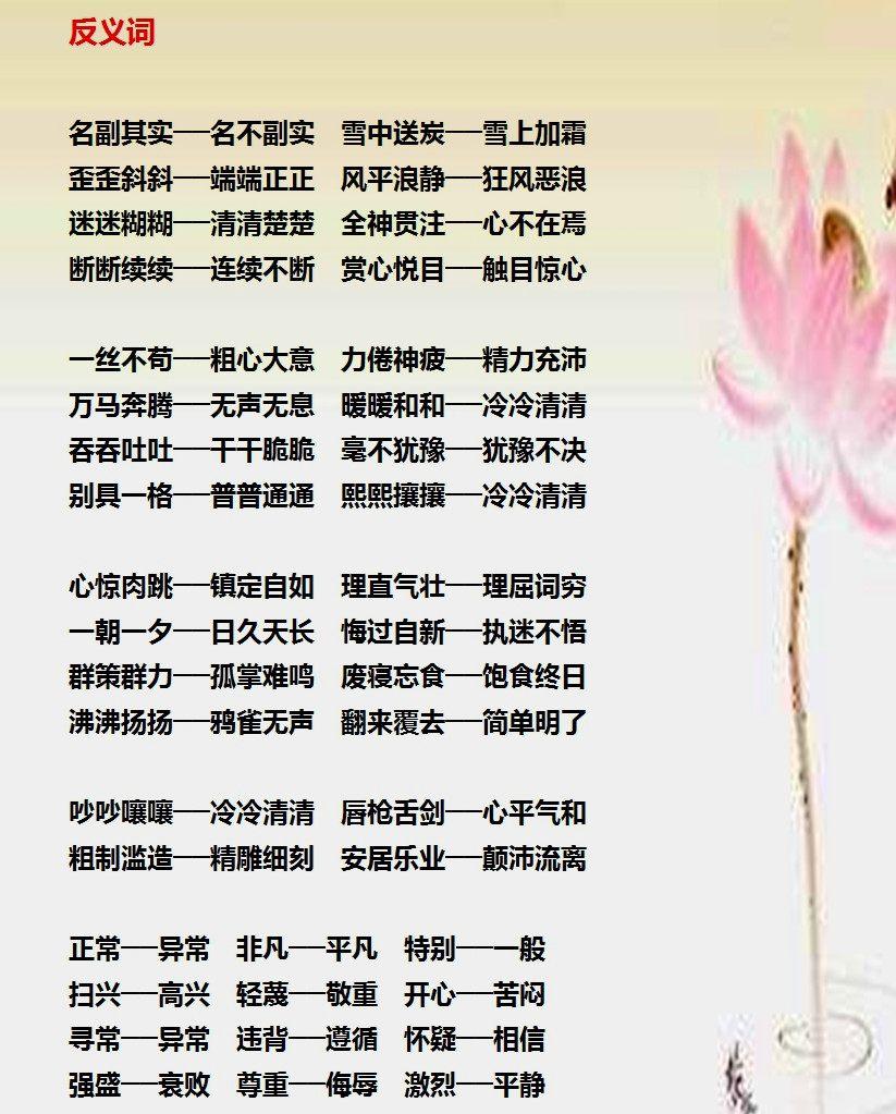 小学语文近、反义词大全, 1-6年级的必考内容