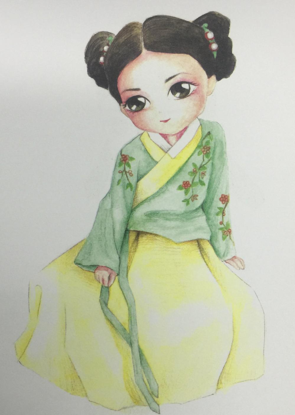 彩铅手绘q版古装美女 大家一起练习吧