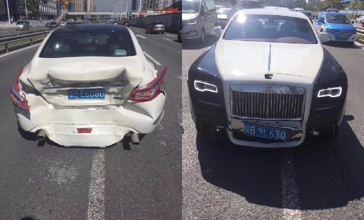 共享单车横穿马路 天籁急刹避让致劳斯莱斯追尾