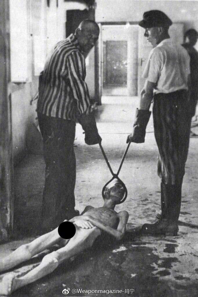 解放后的犹太囚犯在集中营的火葬场向媒体展示销毁尸体的过程