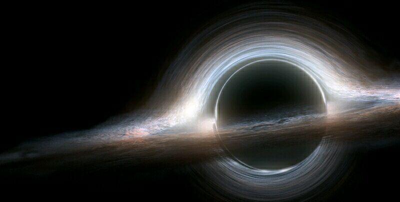 图一:电影《星际穿越》当中的黑洞,周围的亮环是由气体构成的吸积盘
