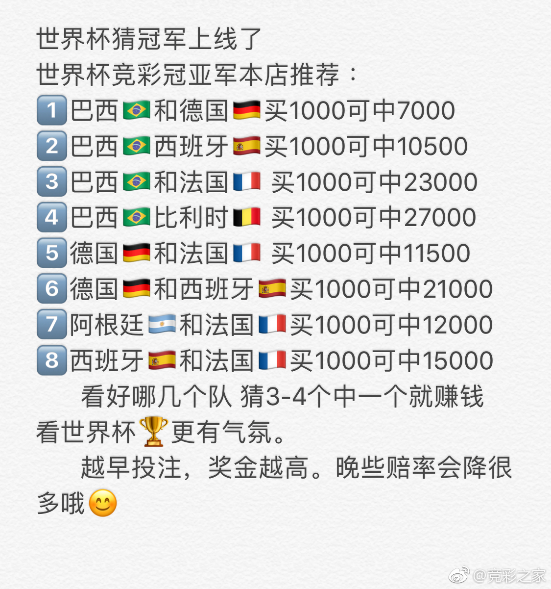 世界杯冠军竞猜+冠亚军竞猜来袭你还在等什么