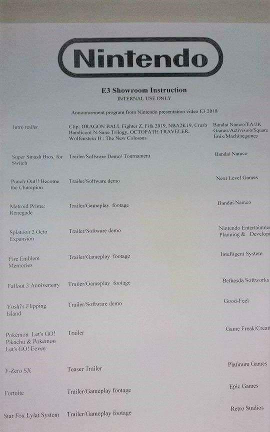 任天堂2018年E3会展游戏阵容疑似泄露
