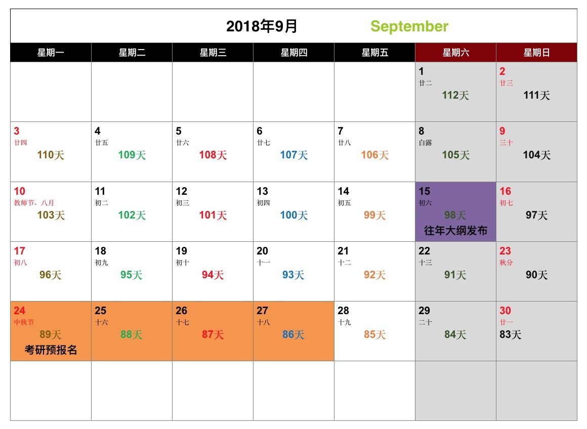 2019考研人手必备:5~12月考研日历表