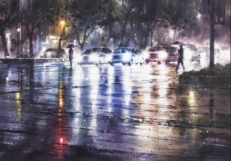 霓虹灯光与雨季交织的城市 . lin ching-che水彩