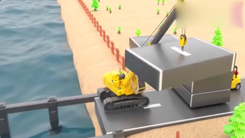 益智动画玩具工程车叉车和吊车修理桥面