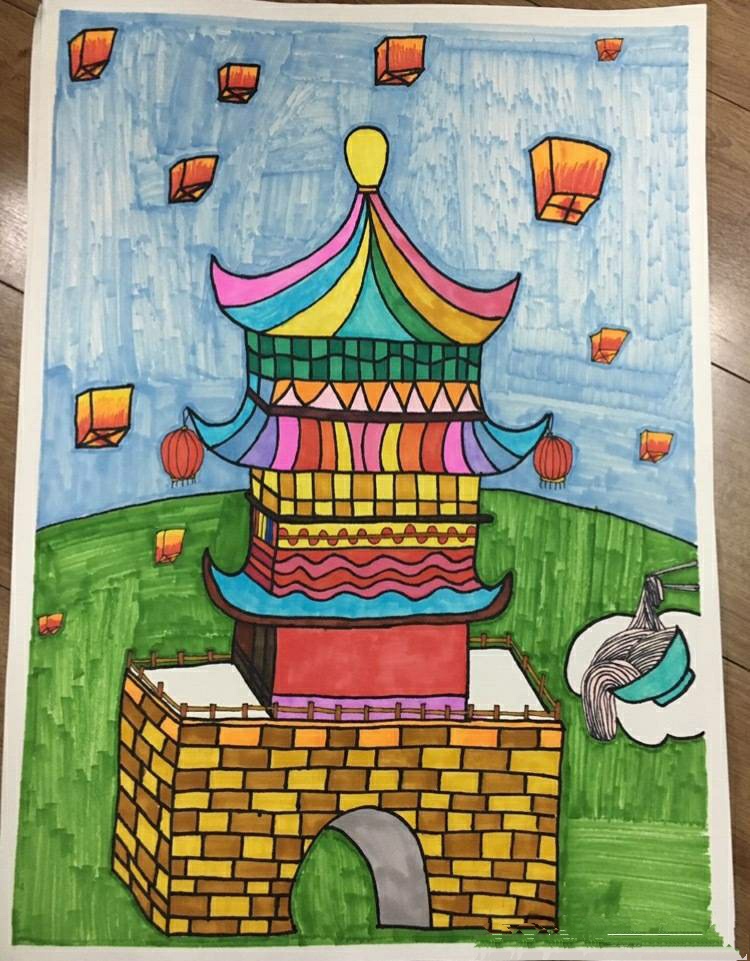 小朋友笔下的西安钟楼,鼓楼和大雁塔.儿童画萌眼看西安参赛作品