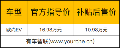 综合续航315公里 长安欧尚EV补贴后售10.98万元