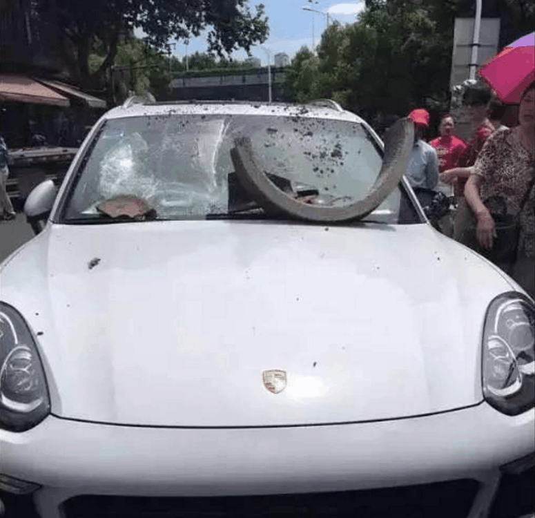保时捷卡宴被人砸碎了挡风玻璃, 车主看到肇事者后欢呼雀跃