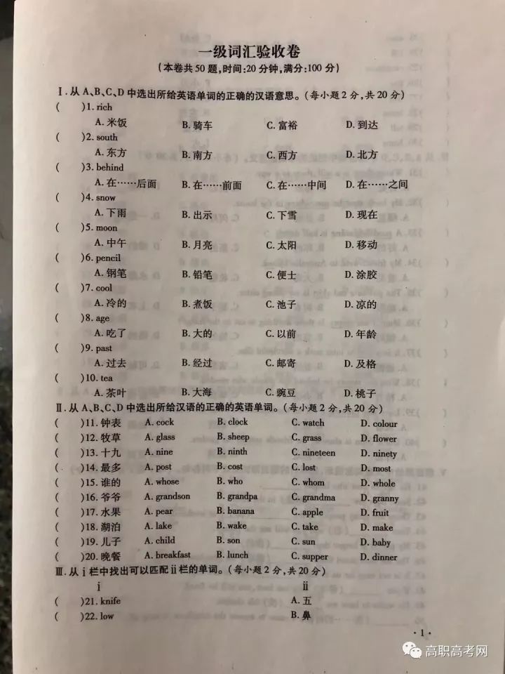 高职高考英语英语词汇2050个单词,人手一本