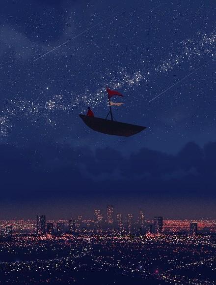 高清唯美动漫插画壁纸|一只船孤独的航行在海上