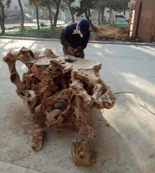 乳山市静园小区里的根雕人,正在雕刻树根茶海
