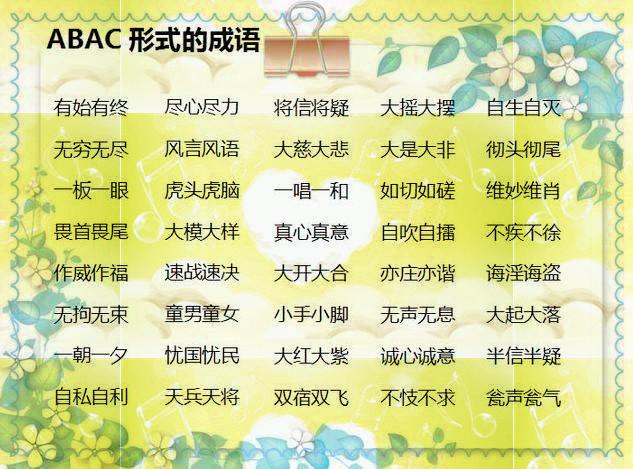 小学语文:AAB+AABB+ABCC式成语分类,