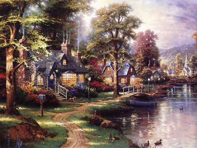 油画梦幻小镇thomaskinkade田园风景油画