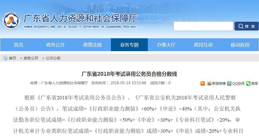 2018广东公务员考试笔试成绩合格分数线