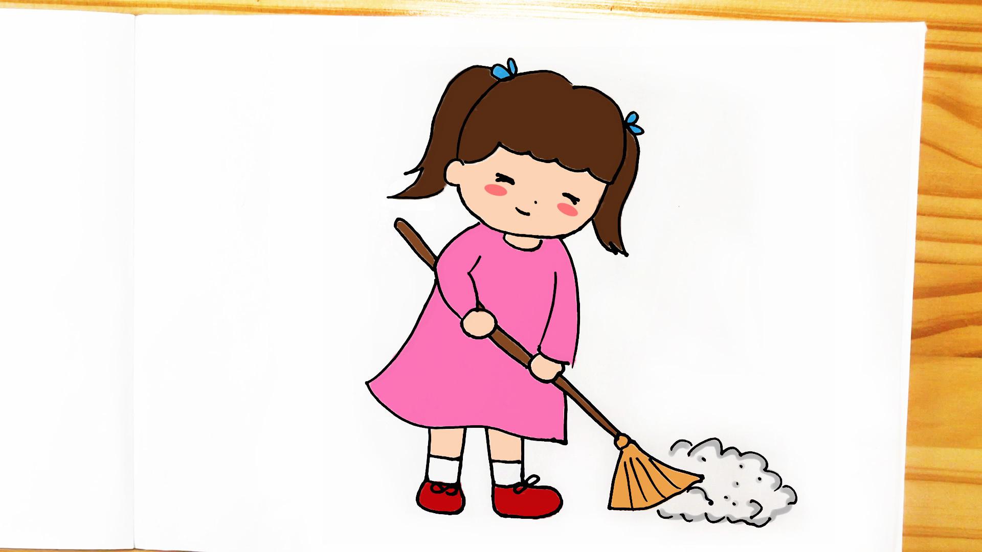 学画勤劳的扫地小女孩简笔画