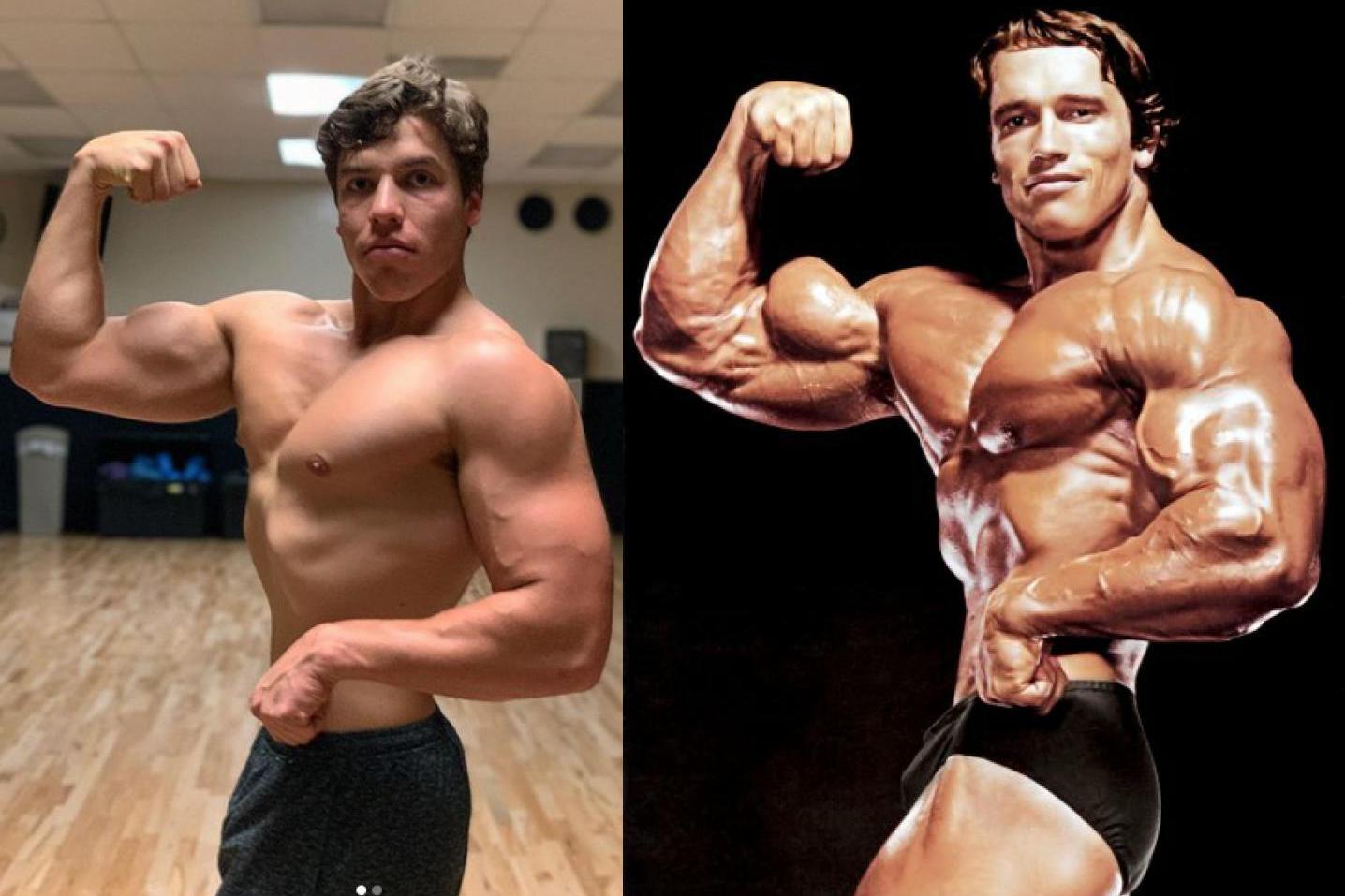 Arnold Schwarzenegger's shirtless son Patrick, 27, looks just like his bodybuilder dad as he ...