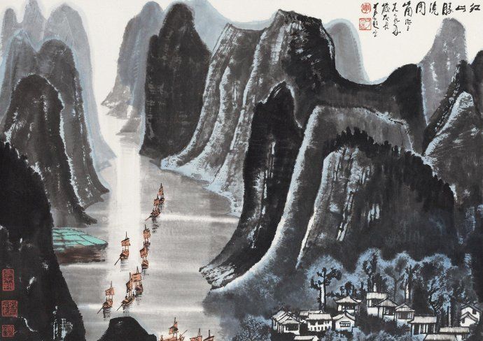 李可染 墨山水 李可染蜀中小景山水画卷轴水墨画仿古画字画装饰画玄关茶楼挂画