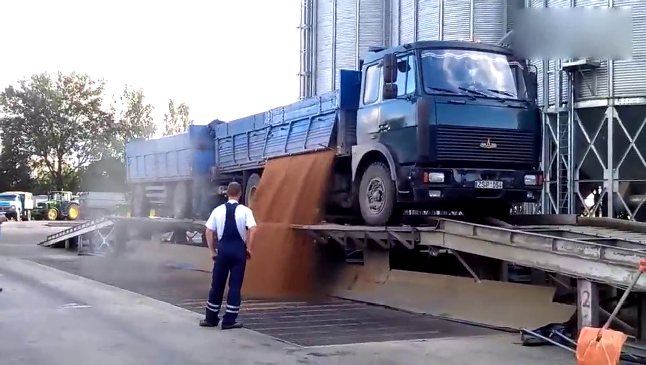 实拍：满载谷物的卡车是怎样卸车的？
