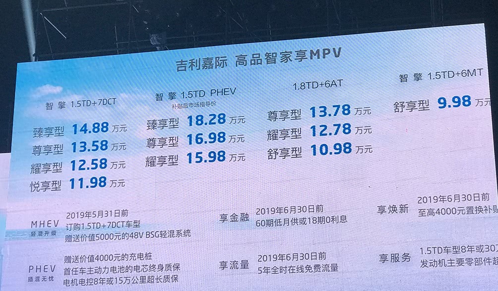 吉利新科MPV嘉际正式上市，配三种动力总成仅9.98万起