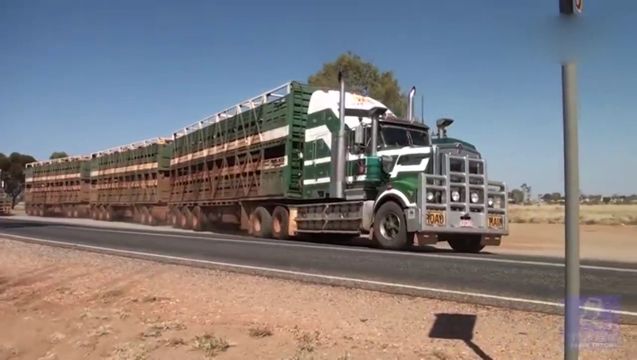 澳大利亚重型卡车牵引三辆挂车, 车身很长超车费时