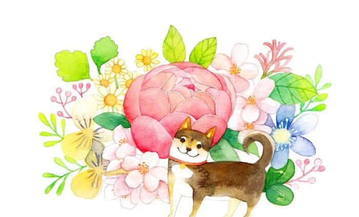 一组很有爱的小水彩画,可爱的小动物和鲜艳的花朵,春天的味道
