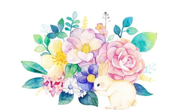 一组很有爱的小水彩画,可爱的小动物和鲜艳的花朵,春天的味道