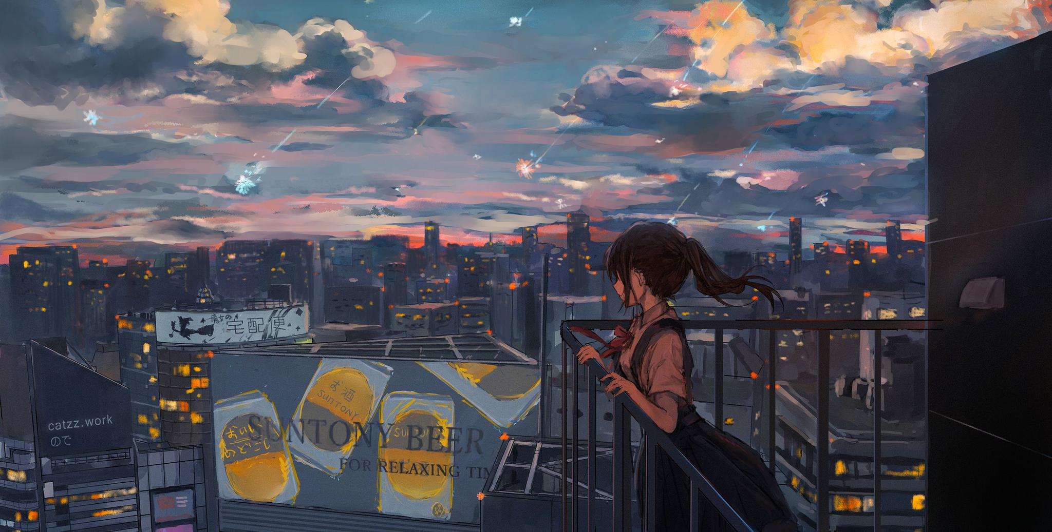 动漫美图:夜晚的城市很漂亮,要是再有一场流星雨那就更好了,少女正