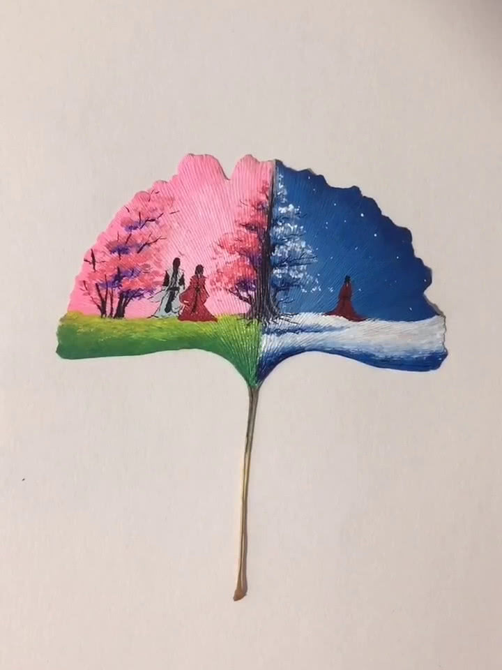 美术生银杏叶上画画1张叶子画出2个季节网友悲伤爱情故事