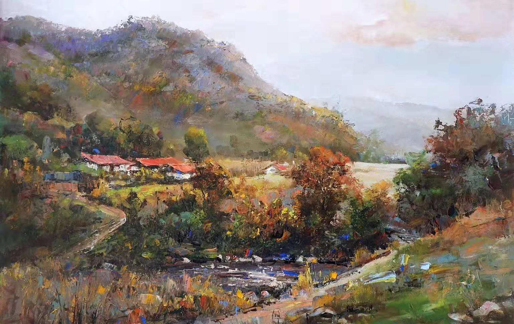 油画风景:一组描绘小溪,梨花,枫叶和民房的乡村风景油画小品