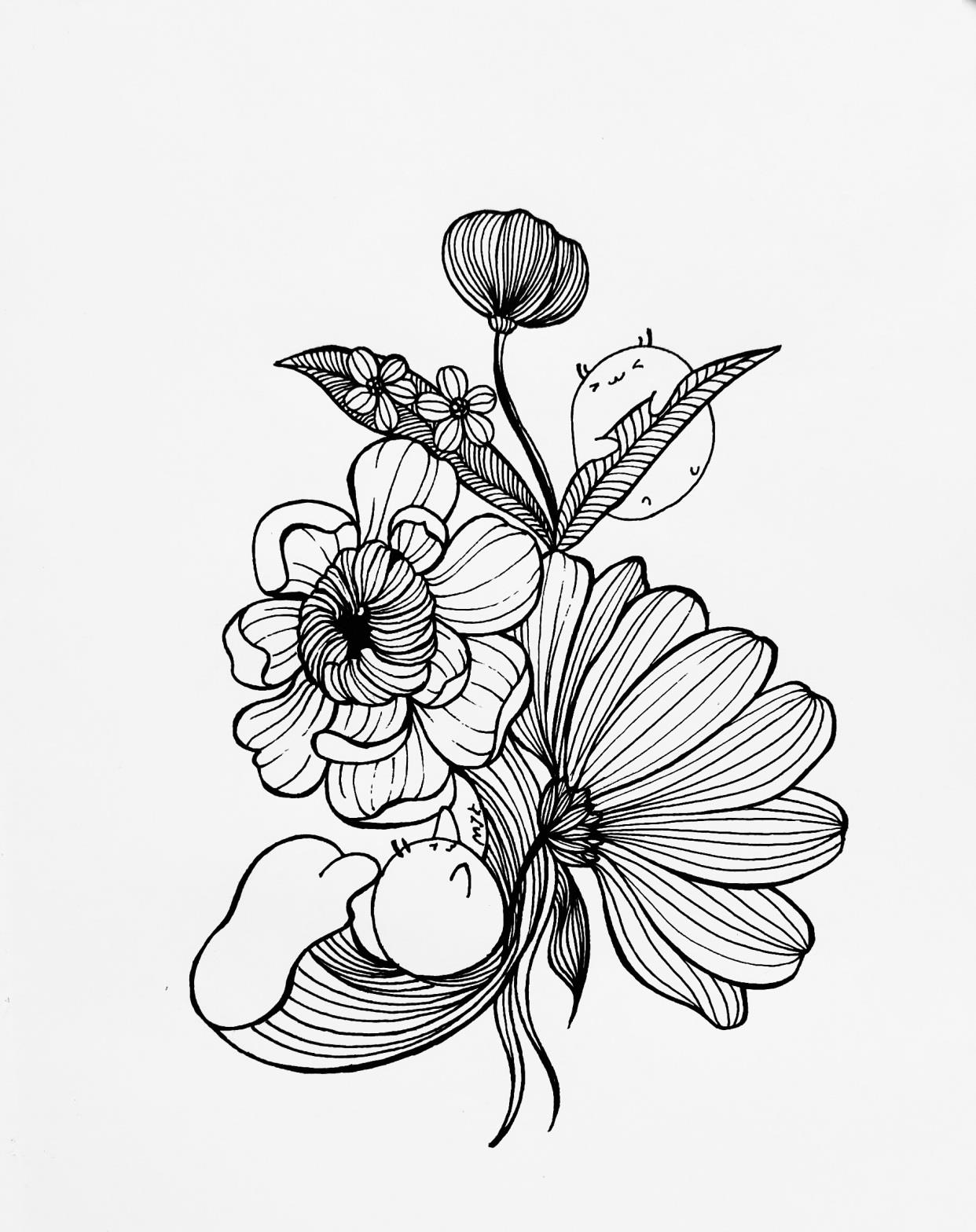 第一步:用铅笔简单地画出构图,标出花朵,叶子,海浪和小白的位置