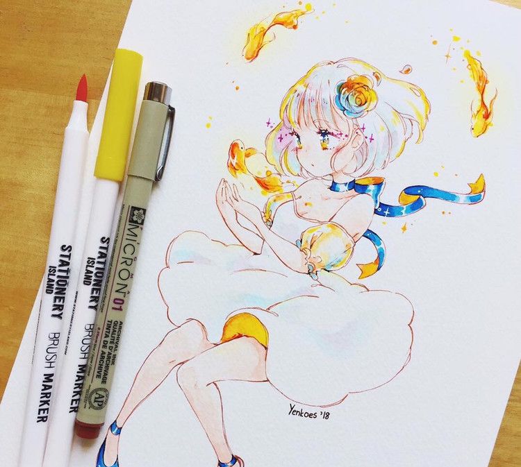 小清新人物水彩画,适合夏天的水彩