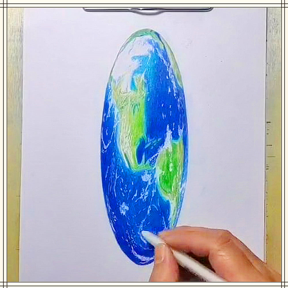 美术大佬手绘地球,原以为画纸被拉长,看到成画:怎么飘