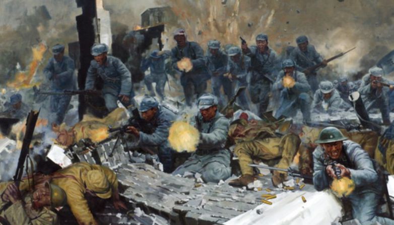 抗日战争纪念馆珍藏的"台儿庄大战"油画,图4左权将军
