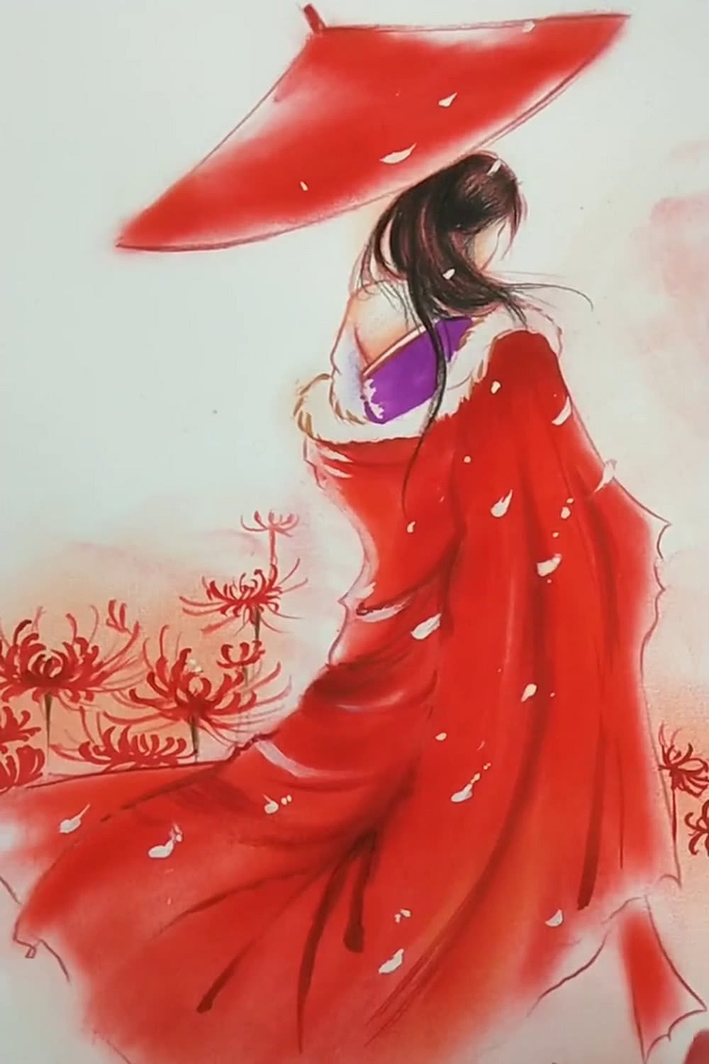 大佬手绘红衣女子,看到裙边彼岸花,网友:脑补出一个爱情故事!